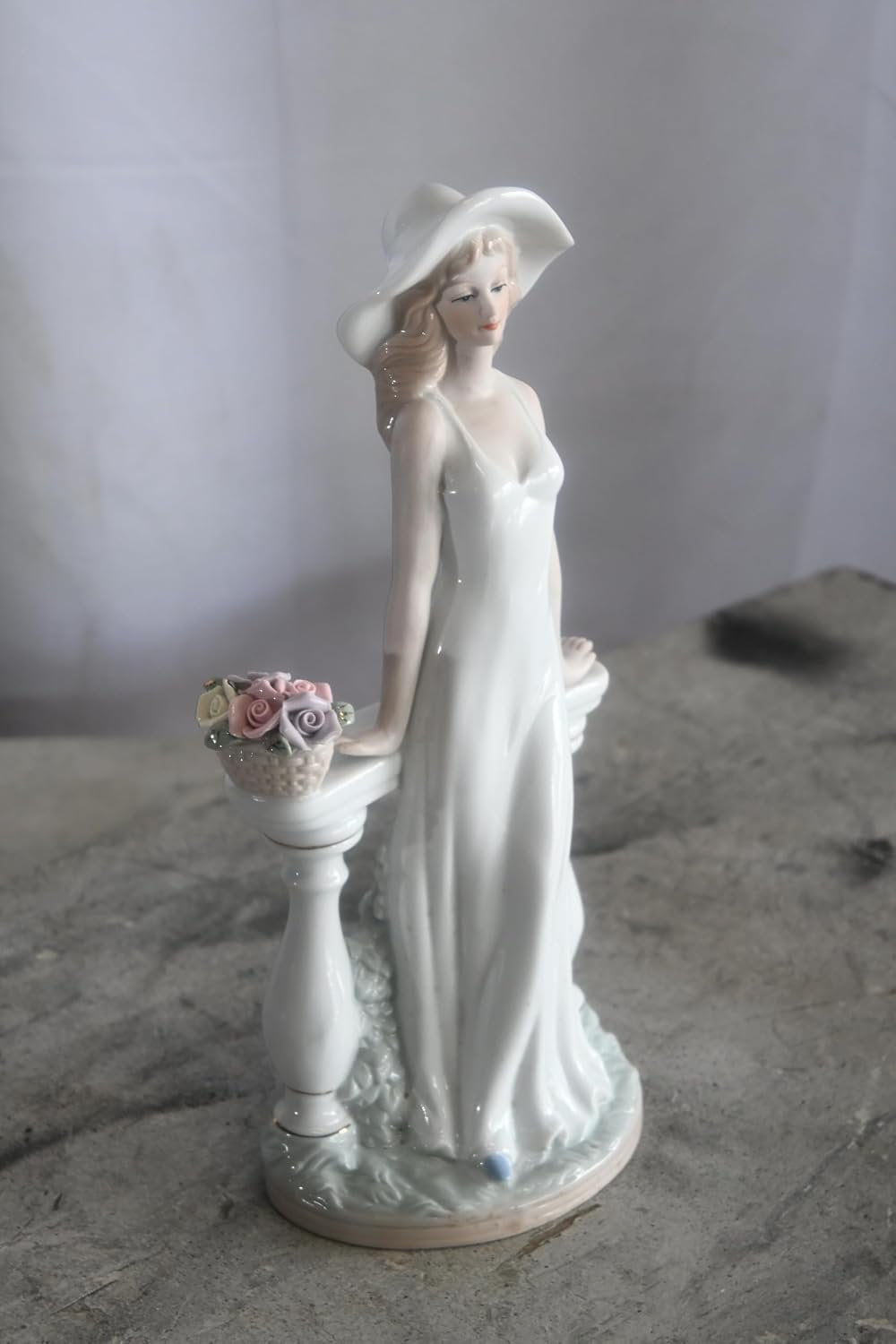 Porcelain Elegant Lady White Gown Hat Rose Basket Statue 6"x4"x12"H