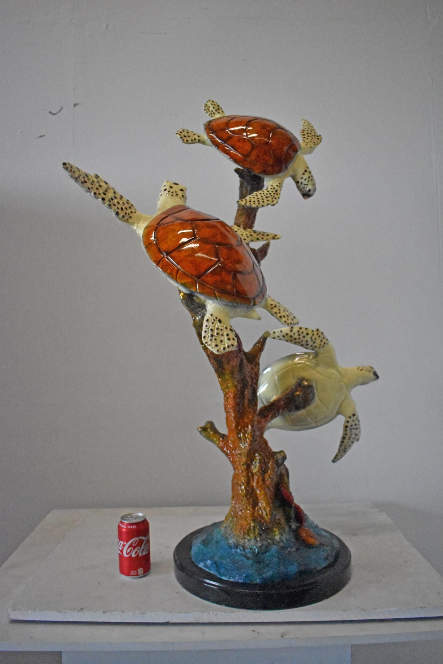 Nifao Three Turtles Bronze Statue on Marble Base – Lost Wax Ocean-Inspired Sculpture with Patina Finish - 32" L x 32" W x 41" H