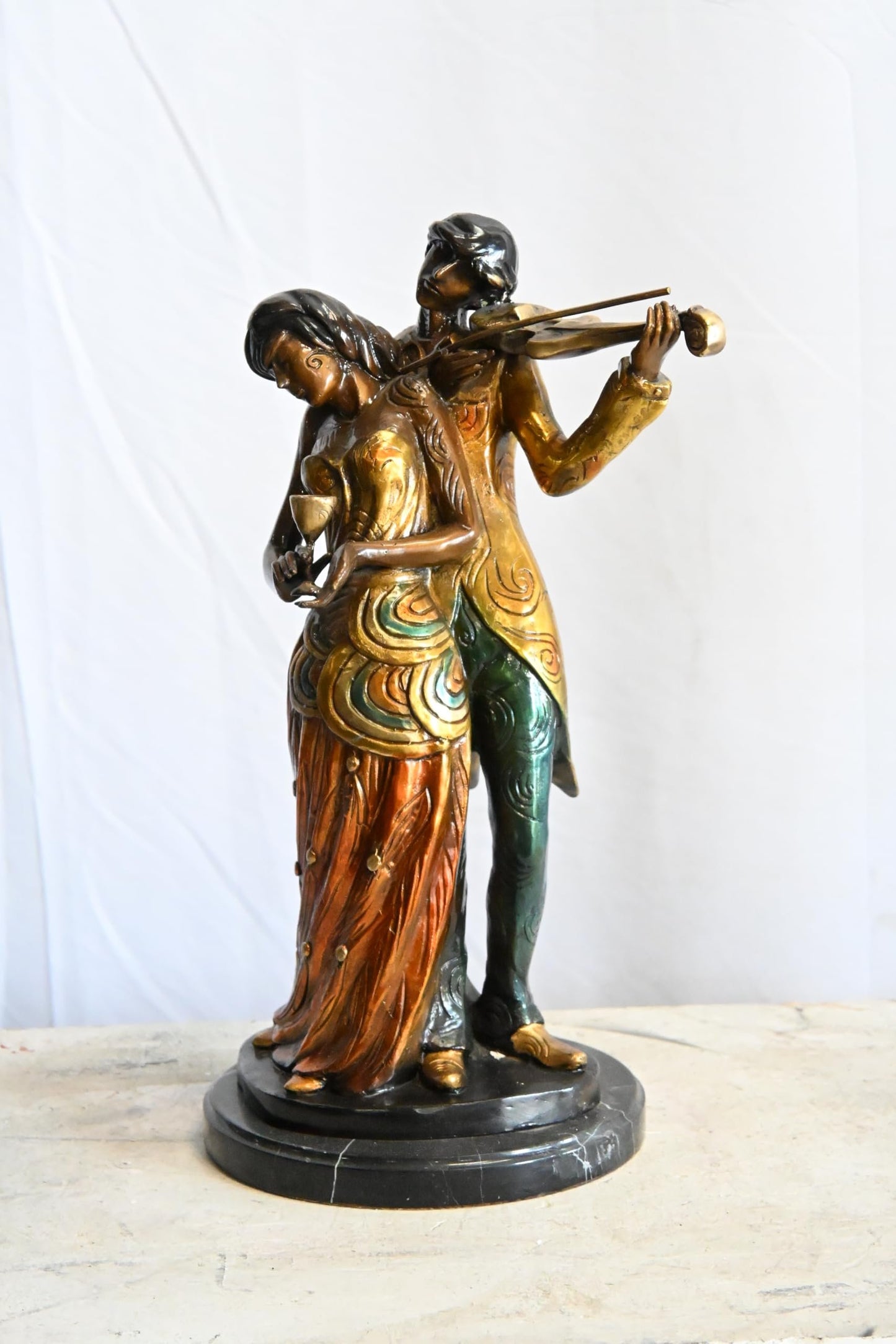 Romantic Couple Bronze Statue Violin Marble Base Music 11"x10"x19"H