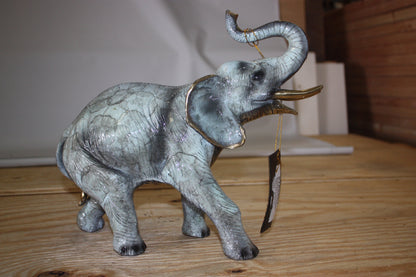 Bronze Elephant Trunk Up Statue - Hand-Cast Patina Finish - 13.5"L x 5"W x 12"H