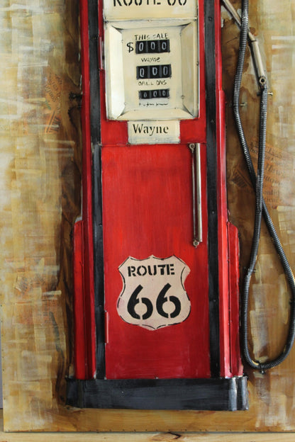 Route 66 Red Gas Pump 3D Sheet Metal Wall Art Painting 40" x 2" x 79"H
