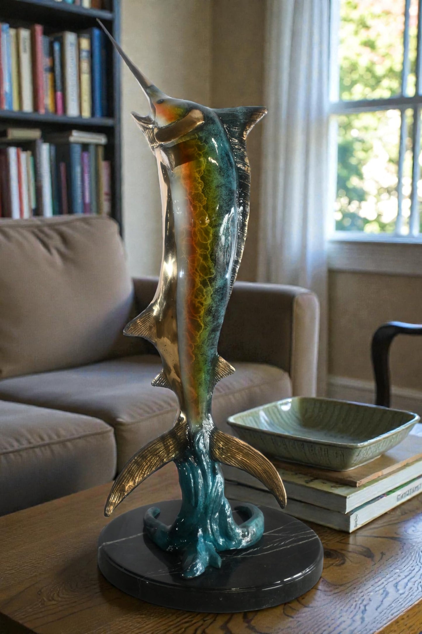 Leaping Marlin on Wave Bronze Sculpture Marble Base 14"x14"x41"H