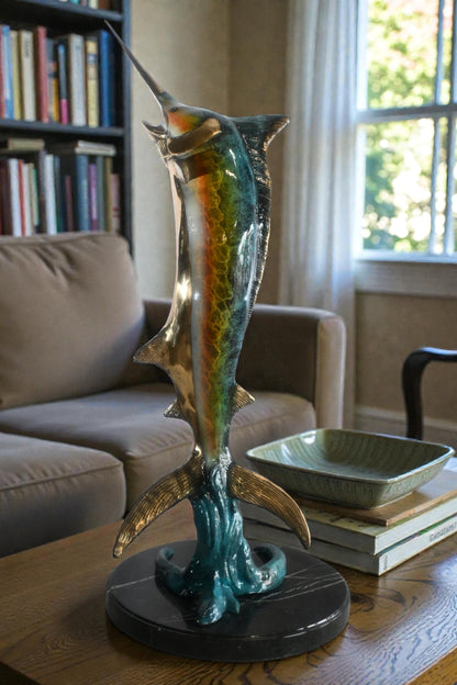 Leaping Marlin on Wave Bronze Sculpture Marble Base 14"x14"x41"H