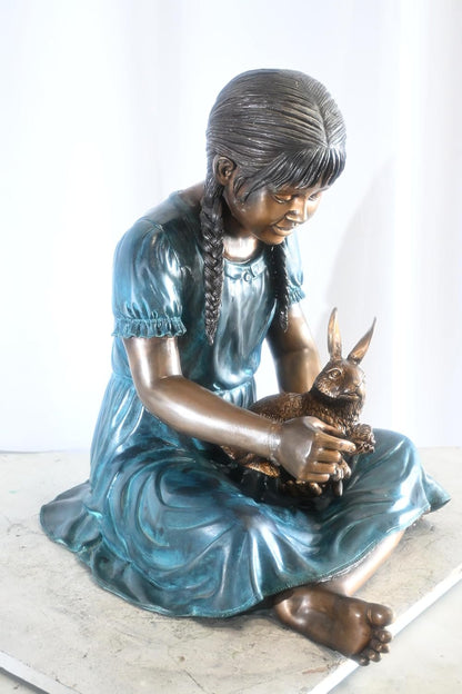 Bronze Braided Girl Feeding Rabbit Blue Patina Sculpture 24"x20"x24"H