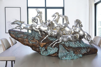 Eight Horses Running Bronze Statue Silver Finish -  Size: 59"L x 20"W x 28"H.