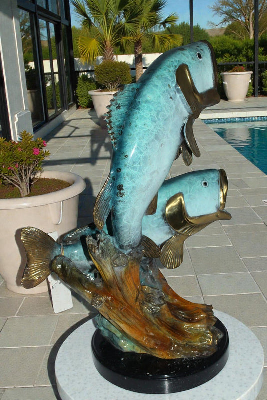 Two largemouth bass fish Bronze Statue -  Size: 17"L x 10"W x 24"H.