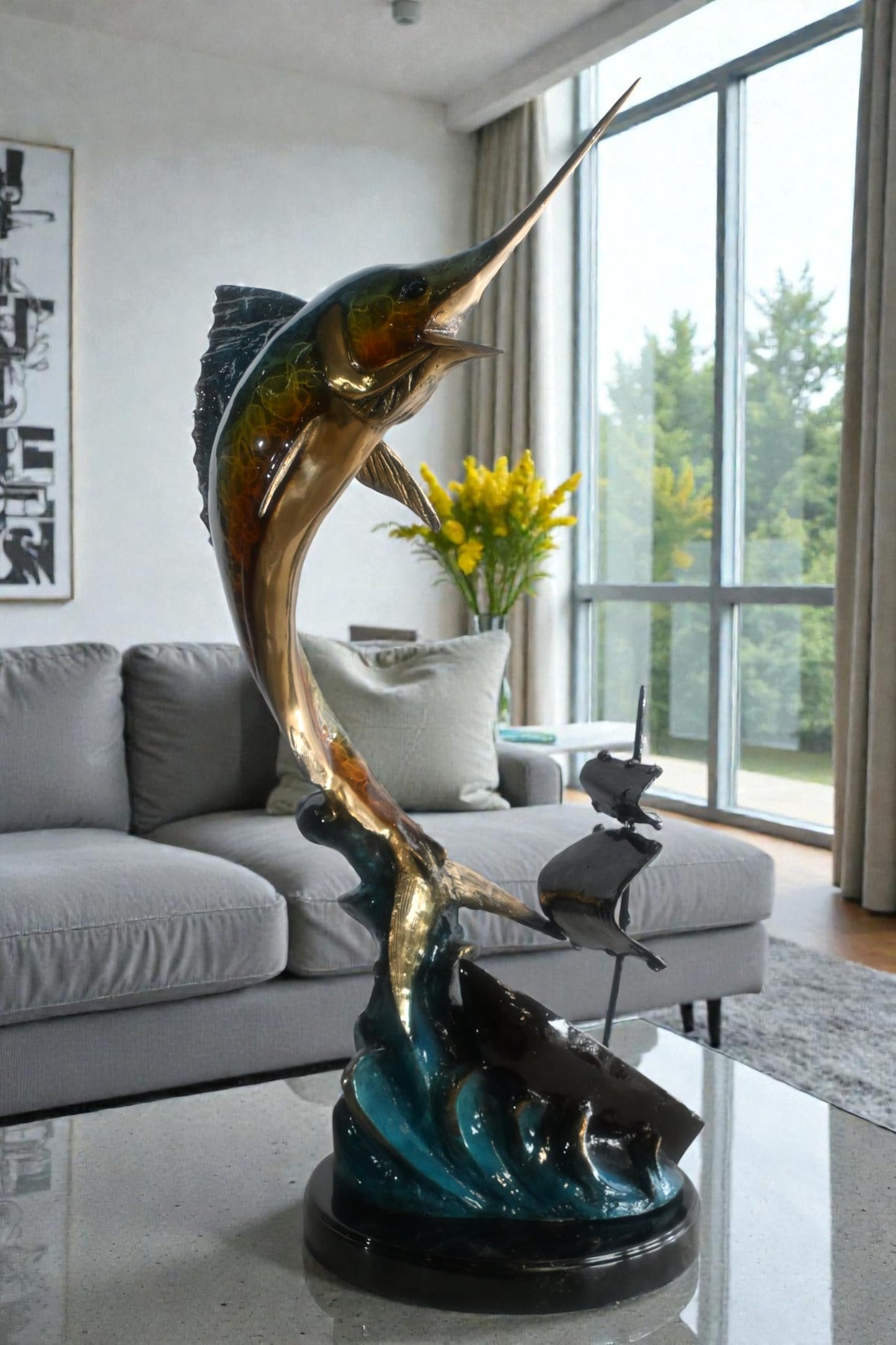 Leaping Marlin with Sailboat Bronze Sculpture 18"x18"x35"H