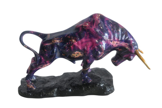 Resin Charging Bull Sculpture Purple Galaxy Finish Gold Horns 14"x4"x9"H