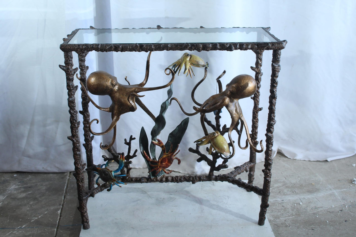 NIFAO Aluminum Octopus Console Table with Glass Top Coastal Art 34" x 15" x 33"H