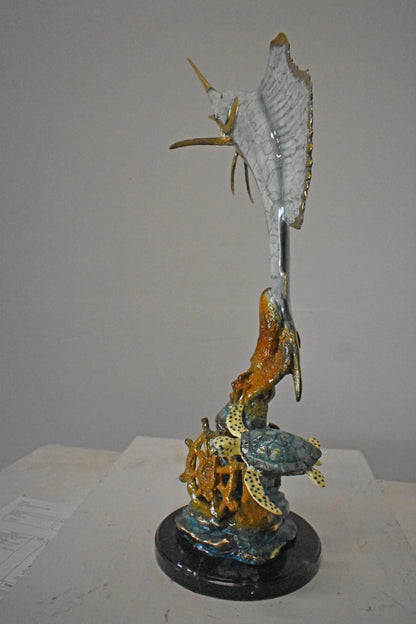 Nifao Sailfish and Turtle Bronze Statue on Marble Base – Lost Wax Marine Life Sculpture with Patina Finish - 12" L x 18" W x 31" H