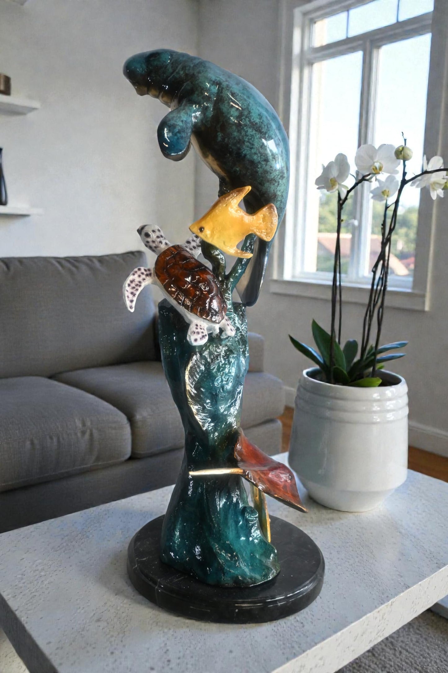 Manatee with Sea Turtle and Fish Bronze Sculpture 9"x9"x20"H