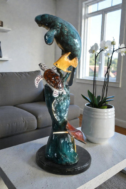 Manatee with Sea Turtle and Fish Bronze Sculpture 9"x9"x20"H
