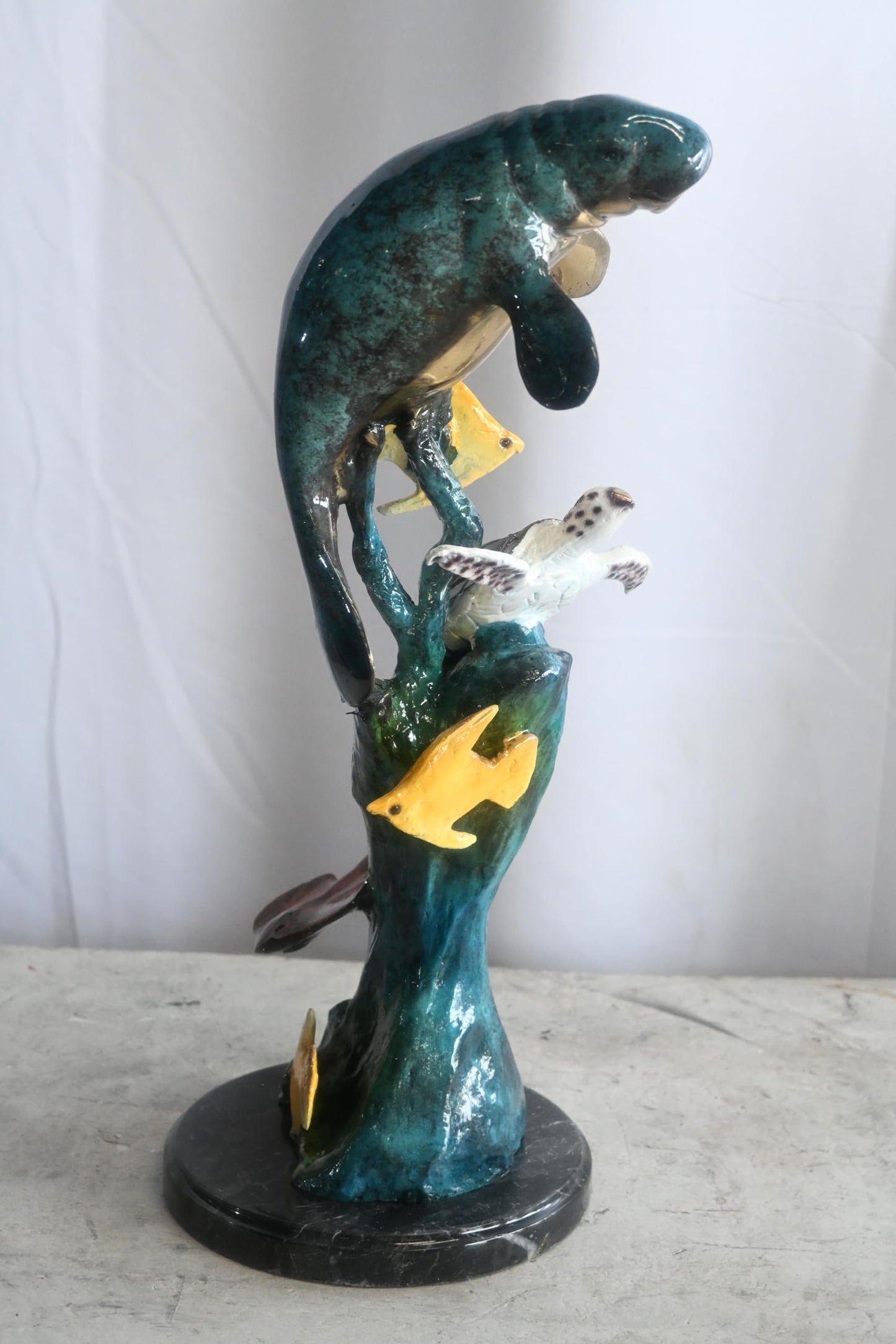 Manatee with Sea Turtle and Fish Bronze Sculpture 9"x9"x20"H