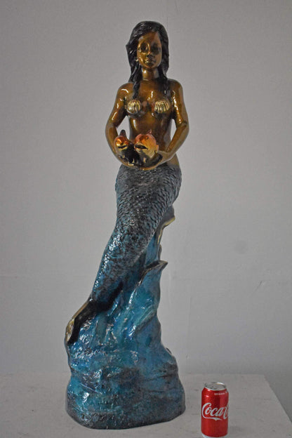 Mermaid Holding Two Fish Bronze Statue Color Finish - Size: 14" x 14" x 43"H.