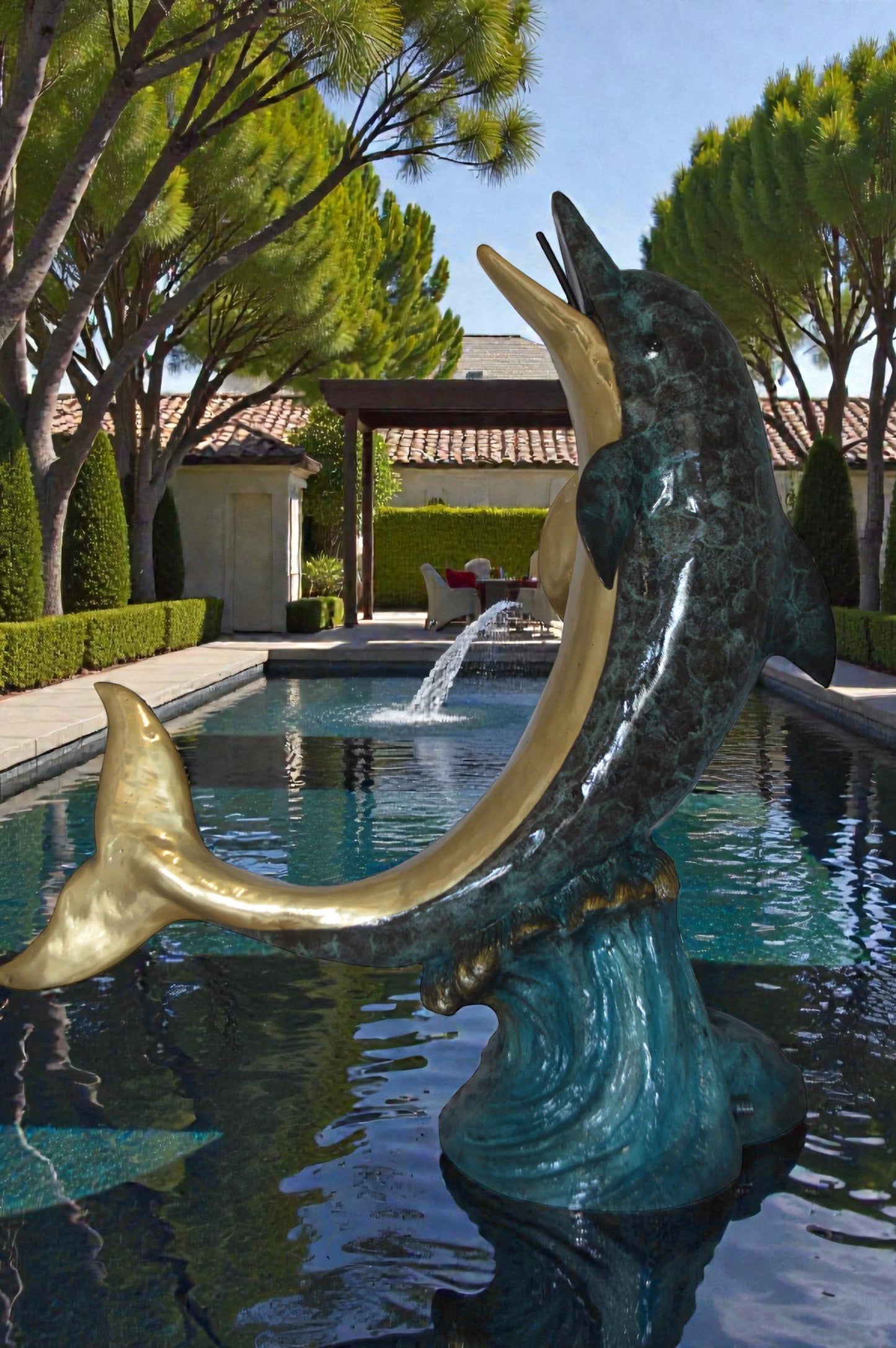 Single Dolphin  On Wave Fountain Bronze Statue -  Size: 48"L x 24"W x 53"H.