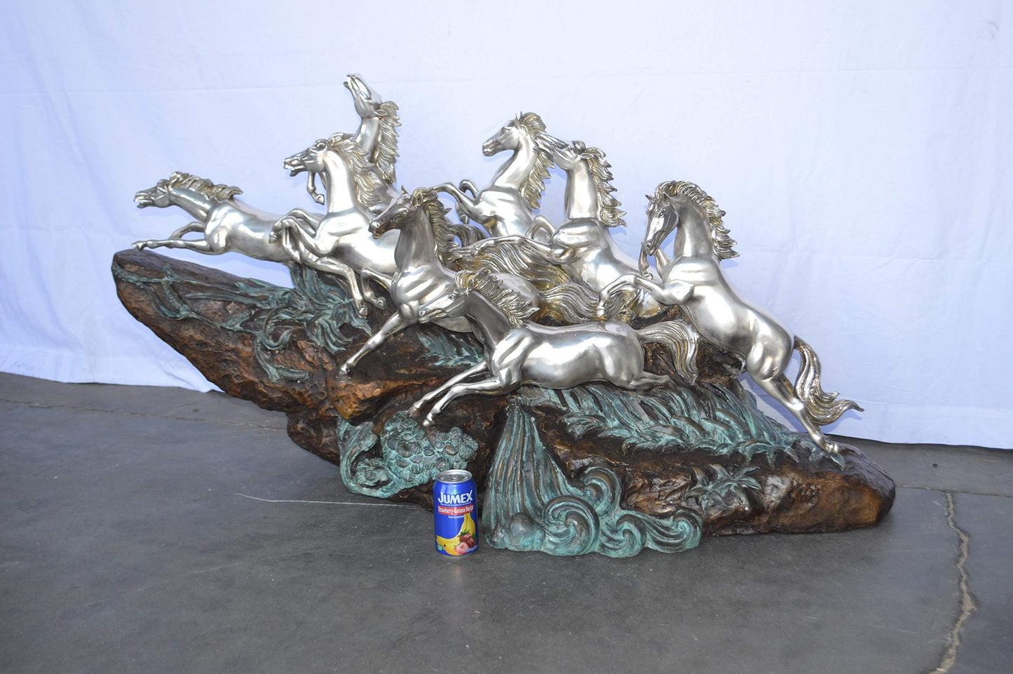 Eight Horses Running Bronze Statue Silver Finish -  Size: 59"L x 20"W x 28"H.