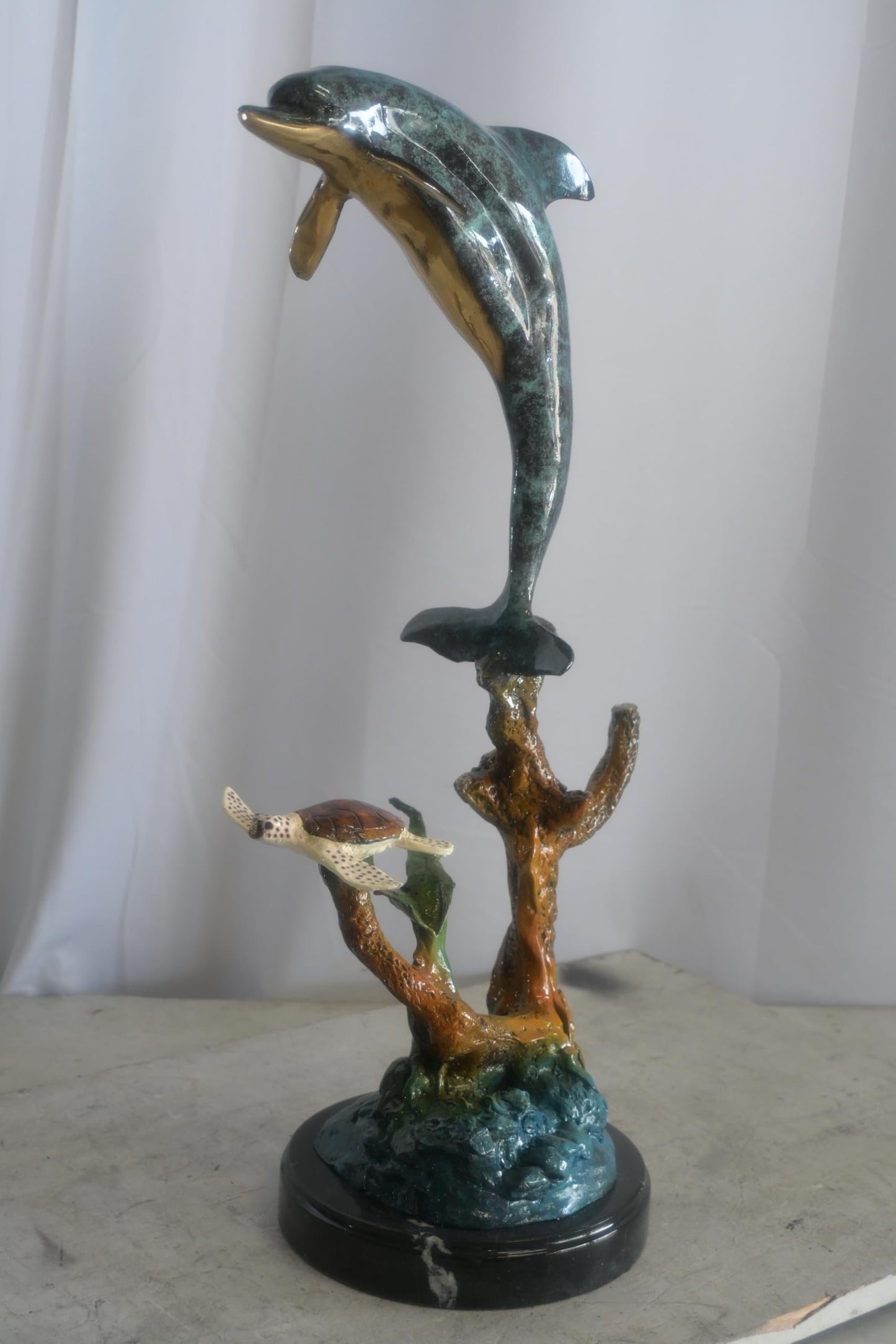 Bronze Leaping Dolphin and Sea Turtle Sculpture Marble Base 12"x9"x27"H
