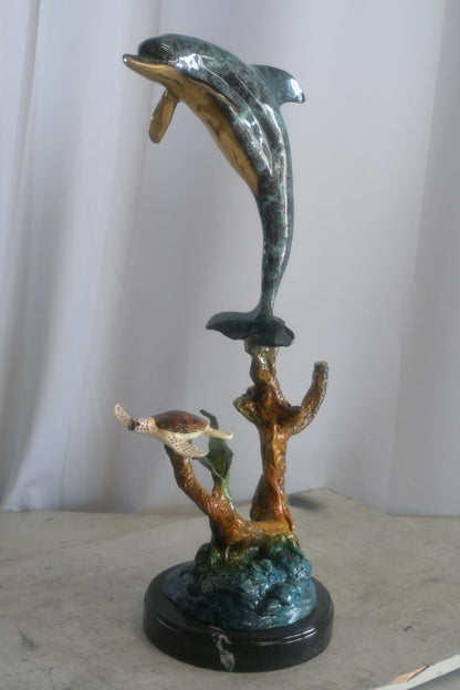 Bronze Leaping Dolphin and Sea Turtle Sculpture Marble Base 12"x9"x27"H