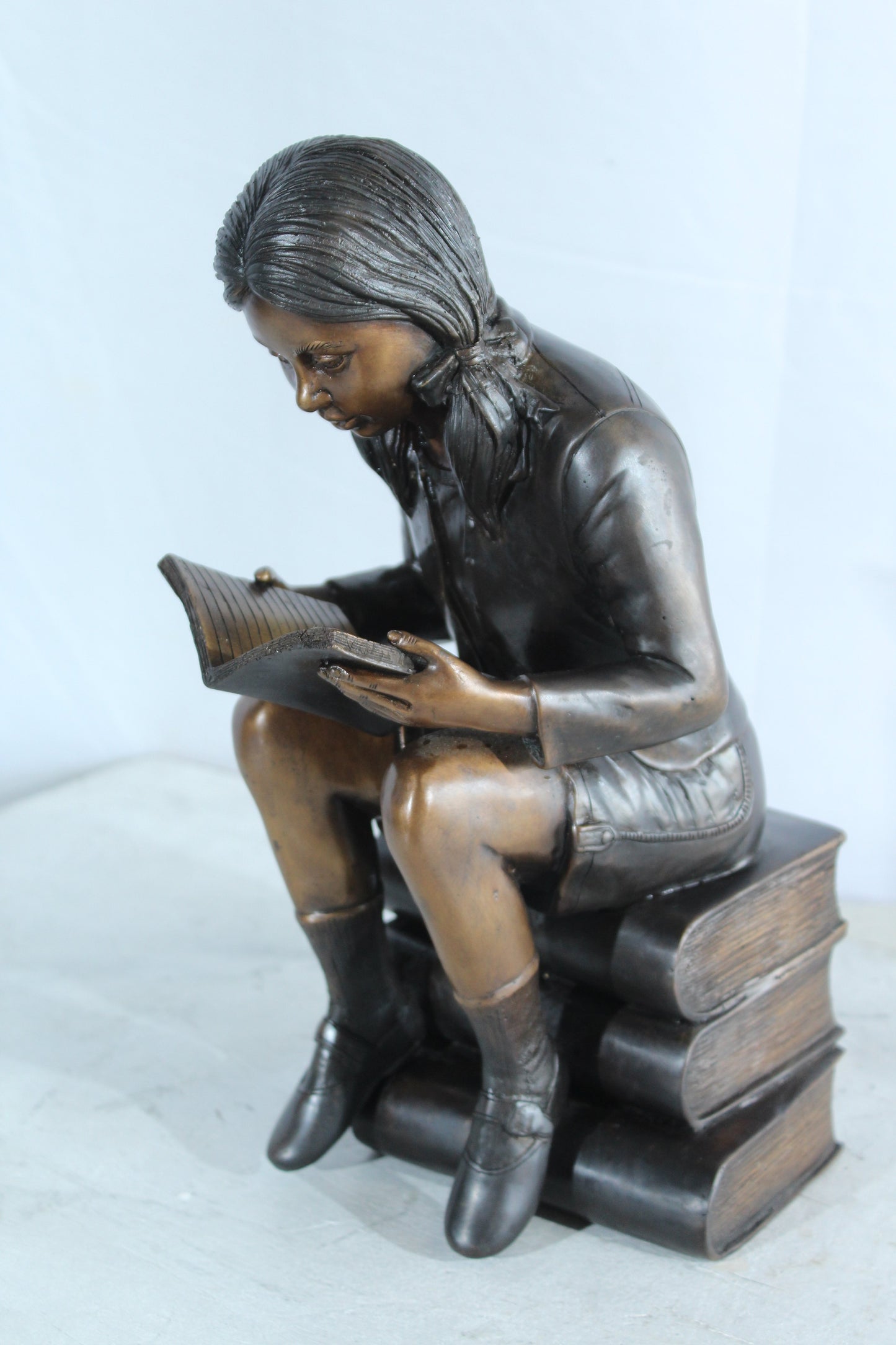 NIFAO Bronze Girl Reading Statue on Book Stack Library Sculpture Art 8" x 6" x 15"H