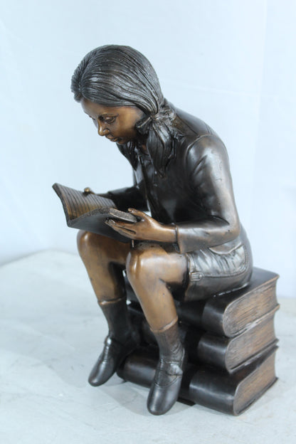 NIFAO Bronze Girl Reading Statue on Book Stack Library Sculpture Art 8" x 6" x 15"H