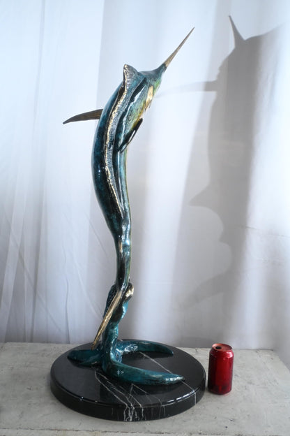 Leaping Marlin on Wave Bronze Sculpture Marble Base 14"x14"x41"H