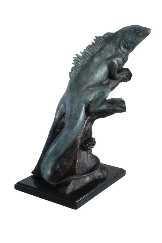 Bronze Iguana Sculpture on Branch with Marble Base 20"x7"x22"H