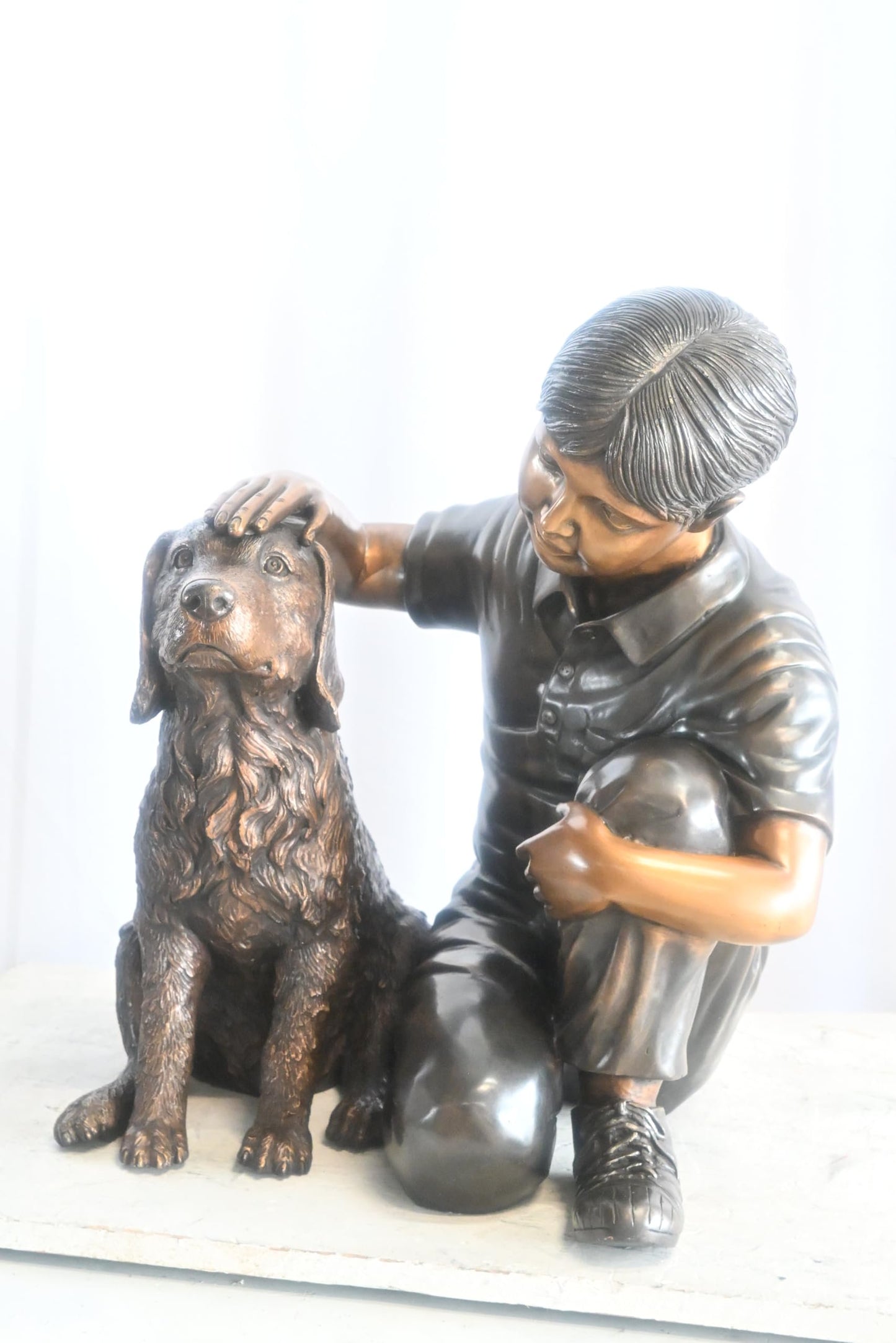 Bronze Boy with Dog Statue Child Petting Puppy Sculpture 21"x18"x23"H