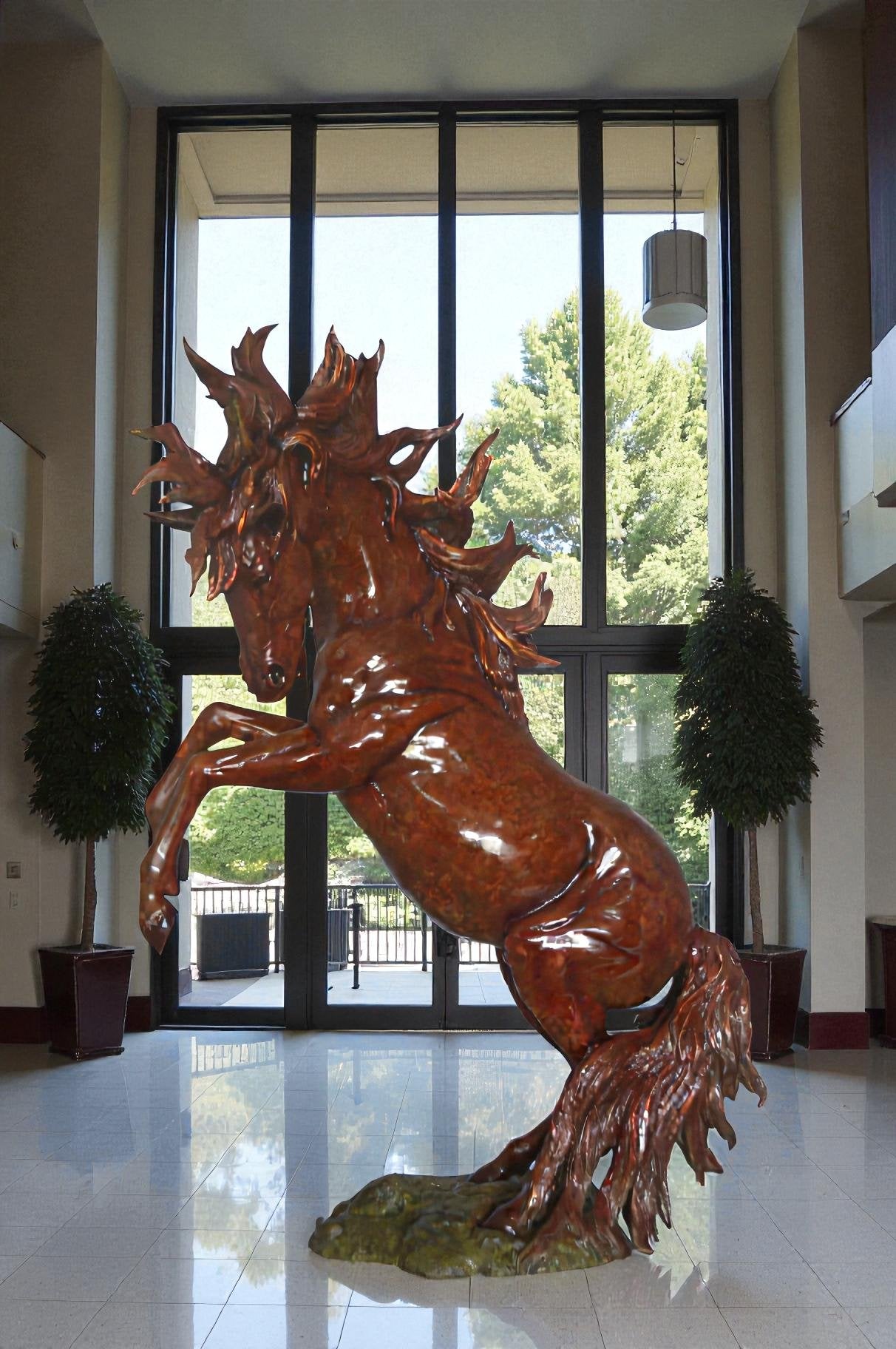 Large Rearing Horse  Red Finished Bronze Statue -  Size: 34"L x 21"W x 46"H.
