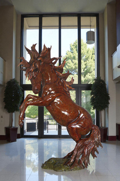 Large Rearing Horse  Red Finished Bronze Statue -  Size: 34"L x 21"W x 46"H.