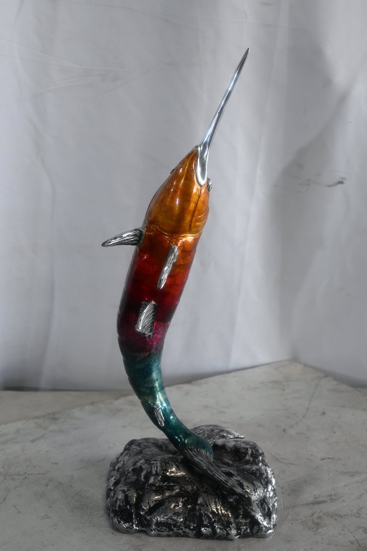 Leaping Swordfish Statue on Wave Base Aluminum Sea Decor 8"x10"x20"H