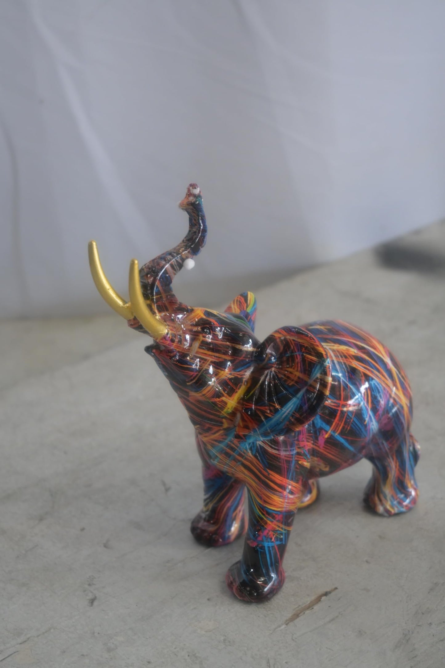 Resin Pop Art Splatter Paint Elephant Sculpture Gold Tusk 7"x3"x8"H