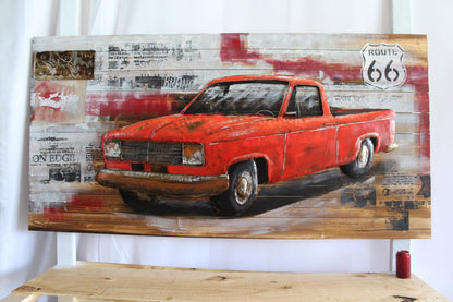 NIFAO Vintage Red Pickup Truck Painting on Wood with Raised Metal Accents 79" x 2" x 40"H
