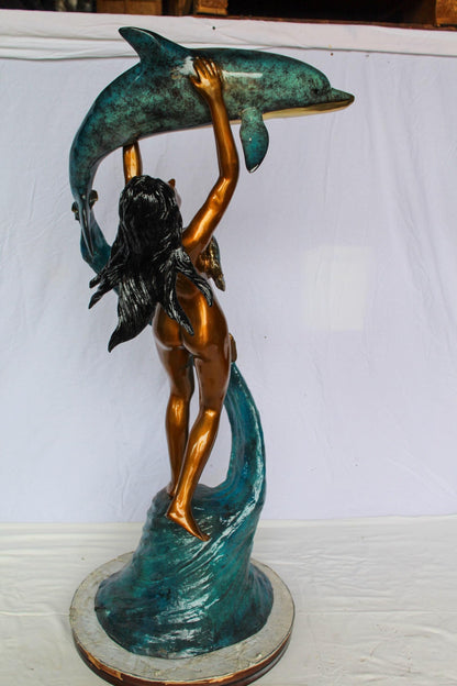 Nifao Bronze Mermaid Fountain Statue – Enchanting Mermaid Lifting Dolphin Sculpture with Flowing Water Feature – Handcrafted Lost Wax Casting with Multi-Tone Patina – Outdoor Garden 25" x 24" x 57"H