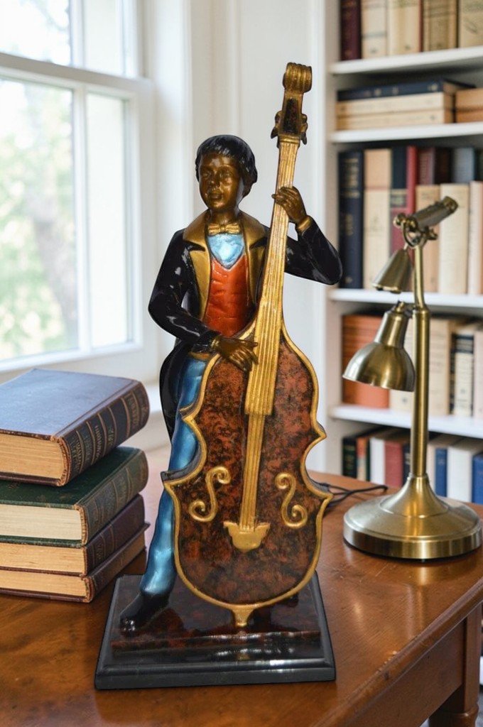 Musician Playing His Cello Bronze Statue -  Size: 8"L x 10"W x 23"H.