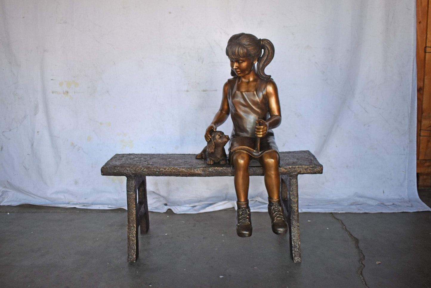 Young Girl with Her Puppy on Bench Reading Bronze Statue, Size 37" x 17" x 38"H