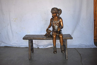 Young Girl with Her Puppy on Bench Reading Bronze Statue, Size 37" x 17" x 38"H