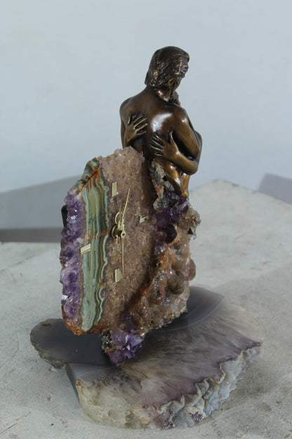 NIFAO Lovers Embrace Clock with Amethyst Geode Bronze by Vidal Spain 8"x7"x10"H