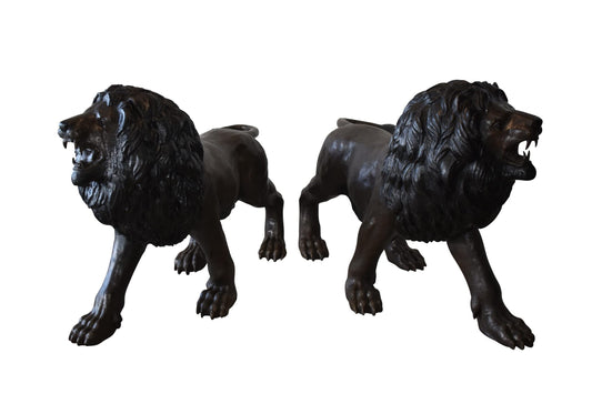 A Pair of Large Lions Walking Side by Side Bronze Statues Size: 24" x 60" x 41"H