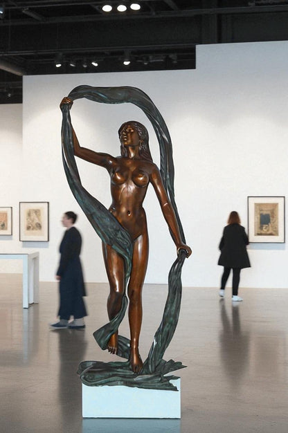 Exotic Fabric Dancer bronze statue Art Nude – Life Size: 18"L x 24"W x 49"H.