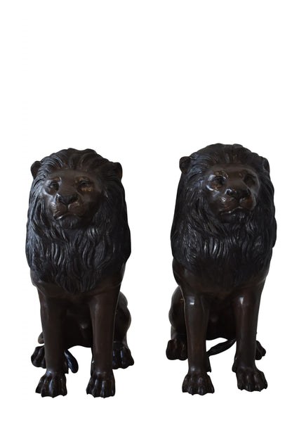 A Pair of Large Lions Sitting Side by Side Bronze Statues Size: 23" x 33" x 46"H