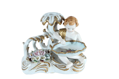Porcelain Cherub Candle Holder with Floral Dish 9"x6"x7"H