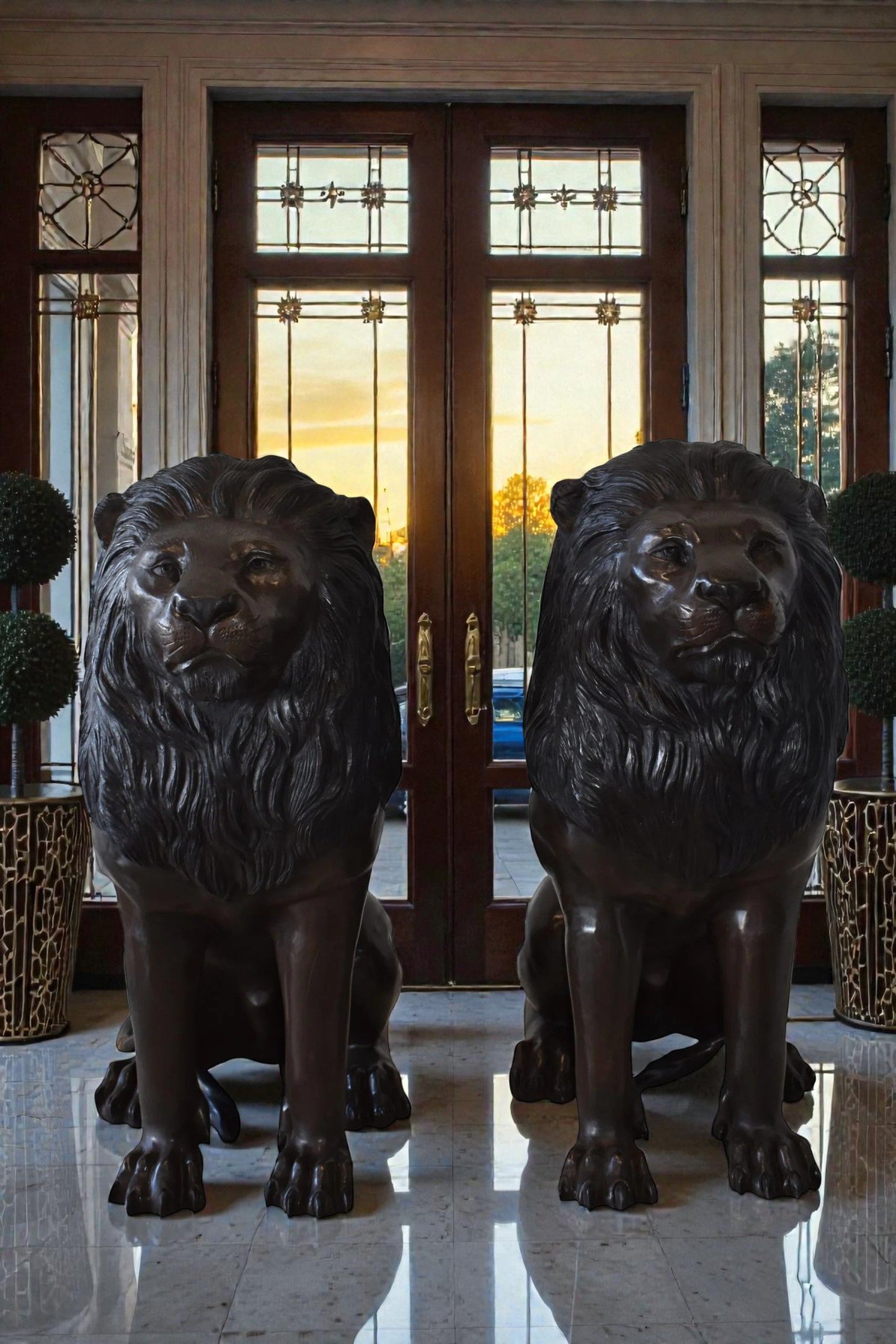 A Pair of Large Lions Sitting Side by Side Bronze Statues Size: 23" x 33" x 46"H