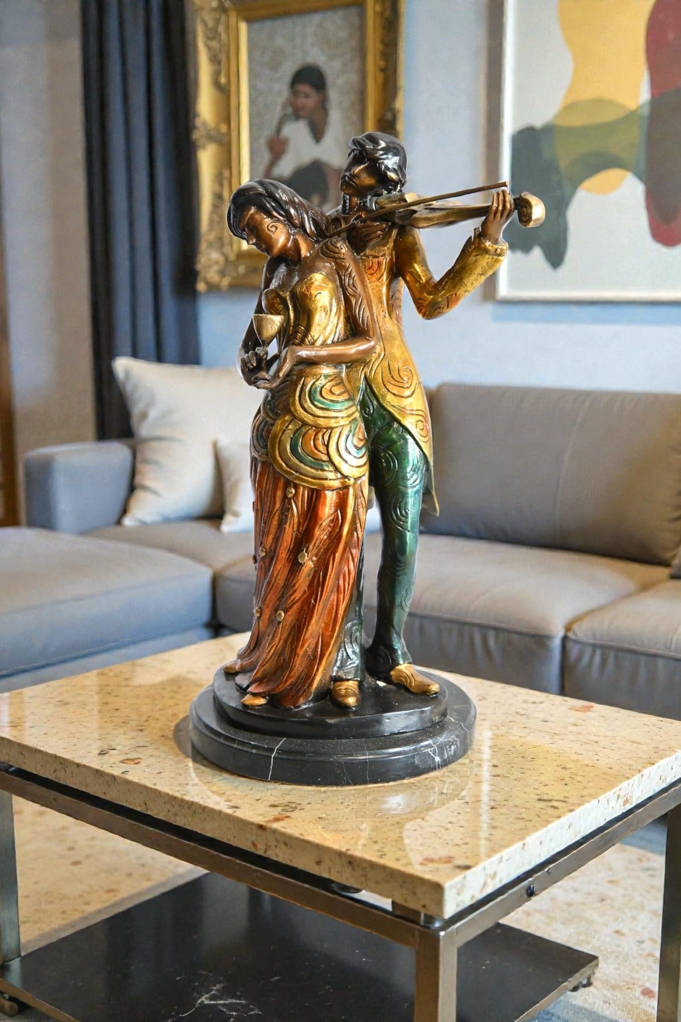 Romantic Couple Bronze Statue Violin Marble Base Music 11"x10"x19"H