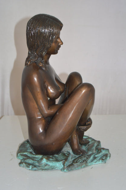 Sitting Art Nude Girl Bronze Statue -  Size: 12"L x 10"W x 14"H.