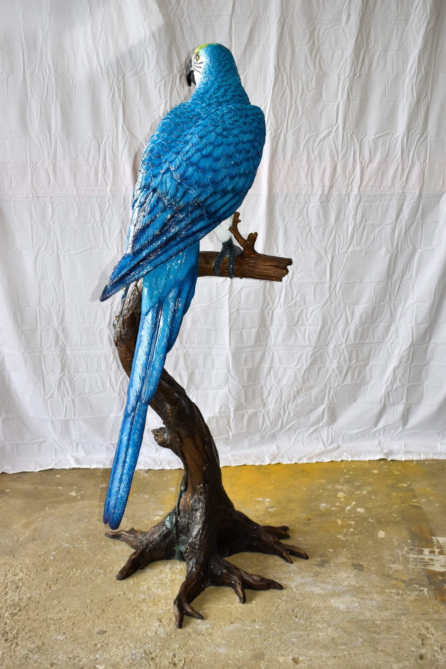 Giant Blue and White Parrot Standing on A Tree Bronze Statue 30" x 24" x 66"H