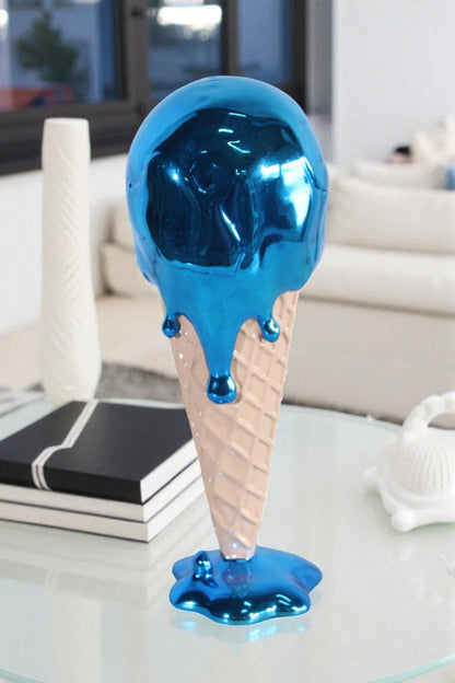 NIFAO Resin Ice Cream Cone Statue Blue Dripping Pop Art Style Decor 5" x 5" x 14"H