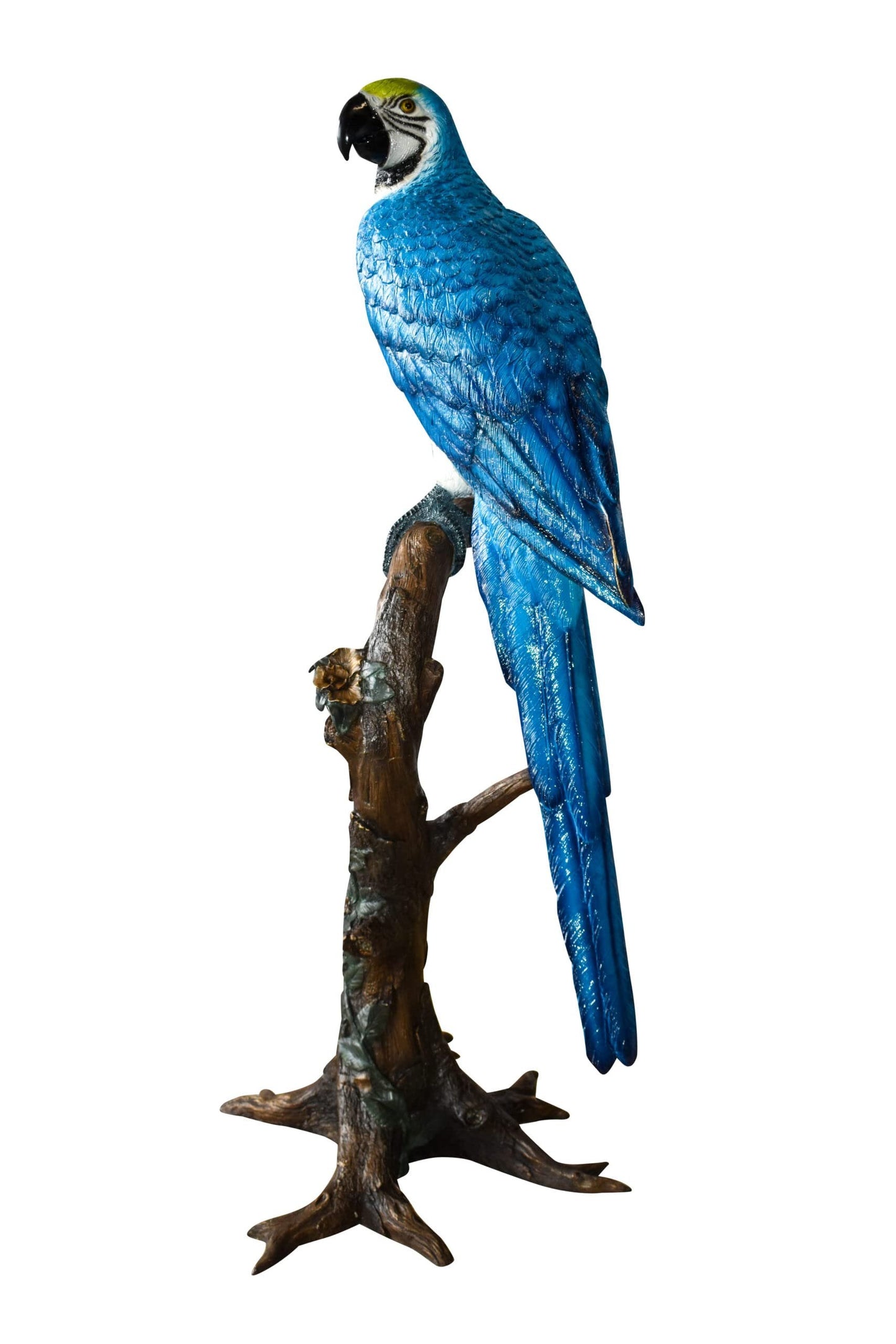 Giant Blue and White Parrot Standing on A Tree Bronze Statue 30" x 24" x 66"H