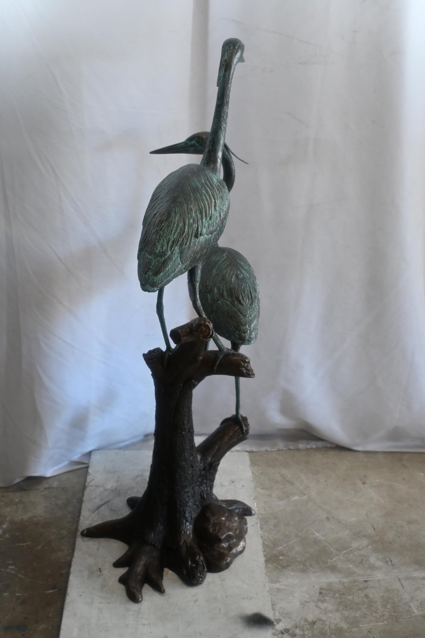 Bronze Heron Pair Sculpture on Driftwood Branch Perch 25"x20"x52"H