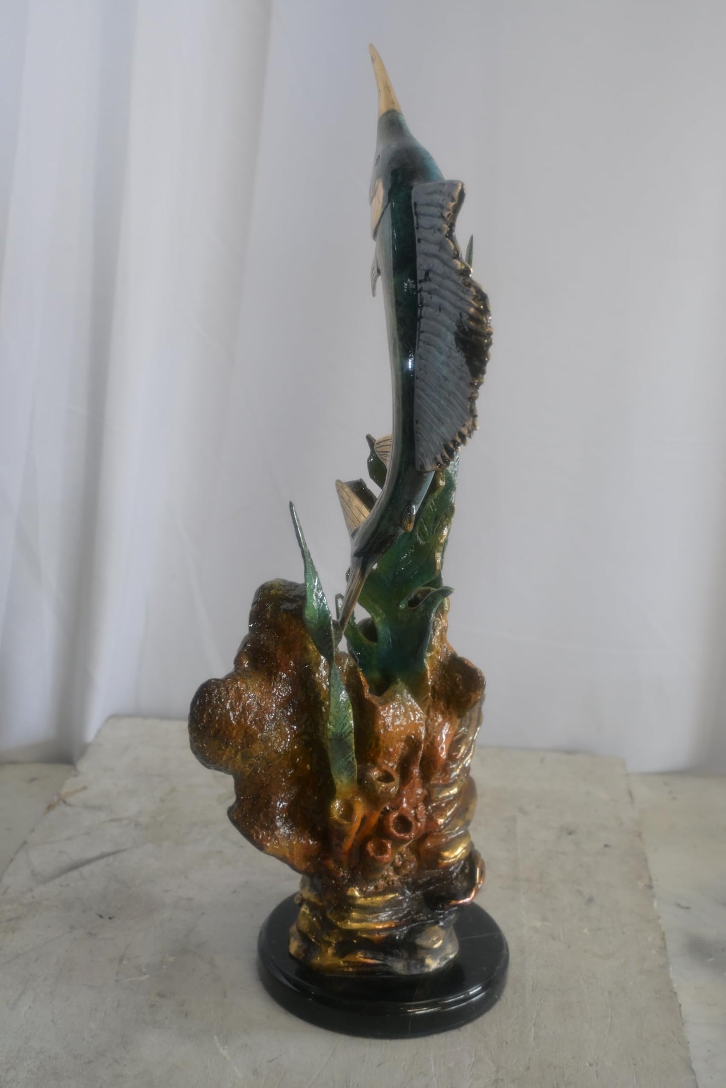 Bronze Sailfish Sculpture on Coral Seaweed Base Marble 11"x7"x24"H