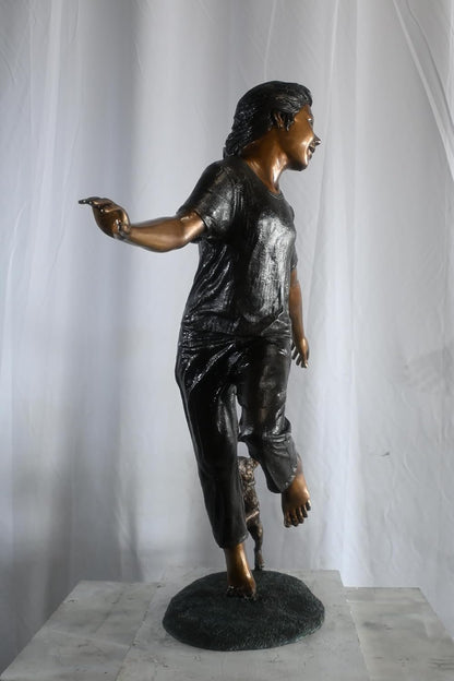 Joyful Barefoot Girl Running with Puppy Bronze Sculpture 49"x16"x51"H